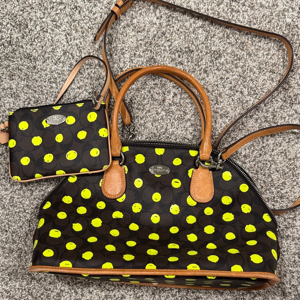 Coach Stylish Brown and Yellow Polka Dot Women's Bag with wristlet set